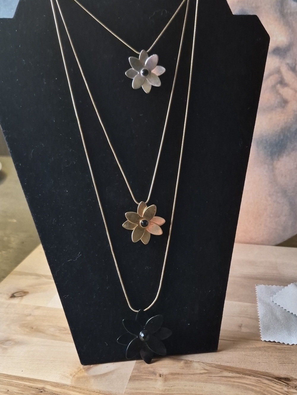 Trio Floral Layered Necklace Set - Gold and Black